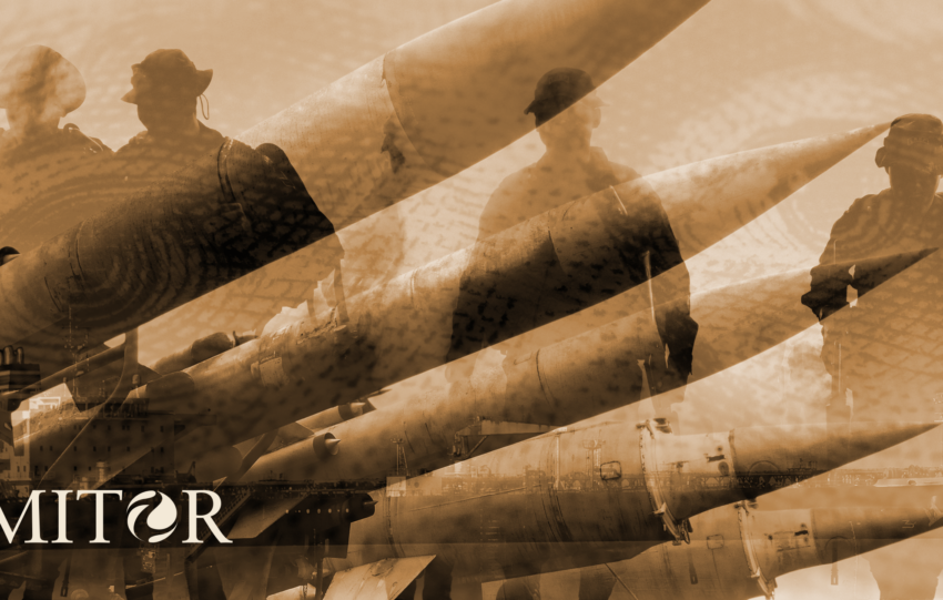 A photographic illustration showing soldiers with missiles in the foreground.