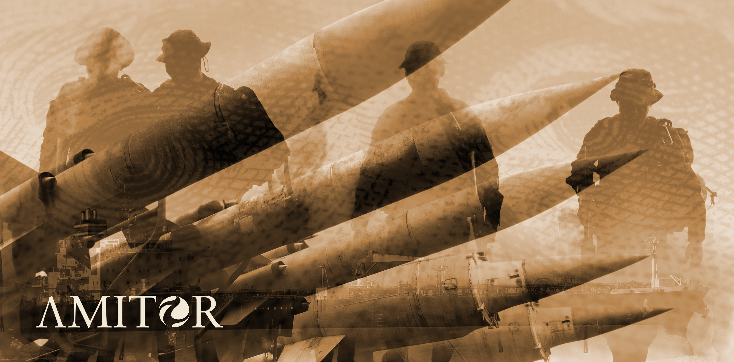 A photographic illustration showing soldiers with missiles in the foreground.