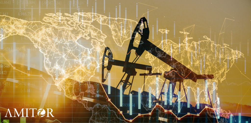 A photographic illustration of an oil pumper with an economic chart superimposed.