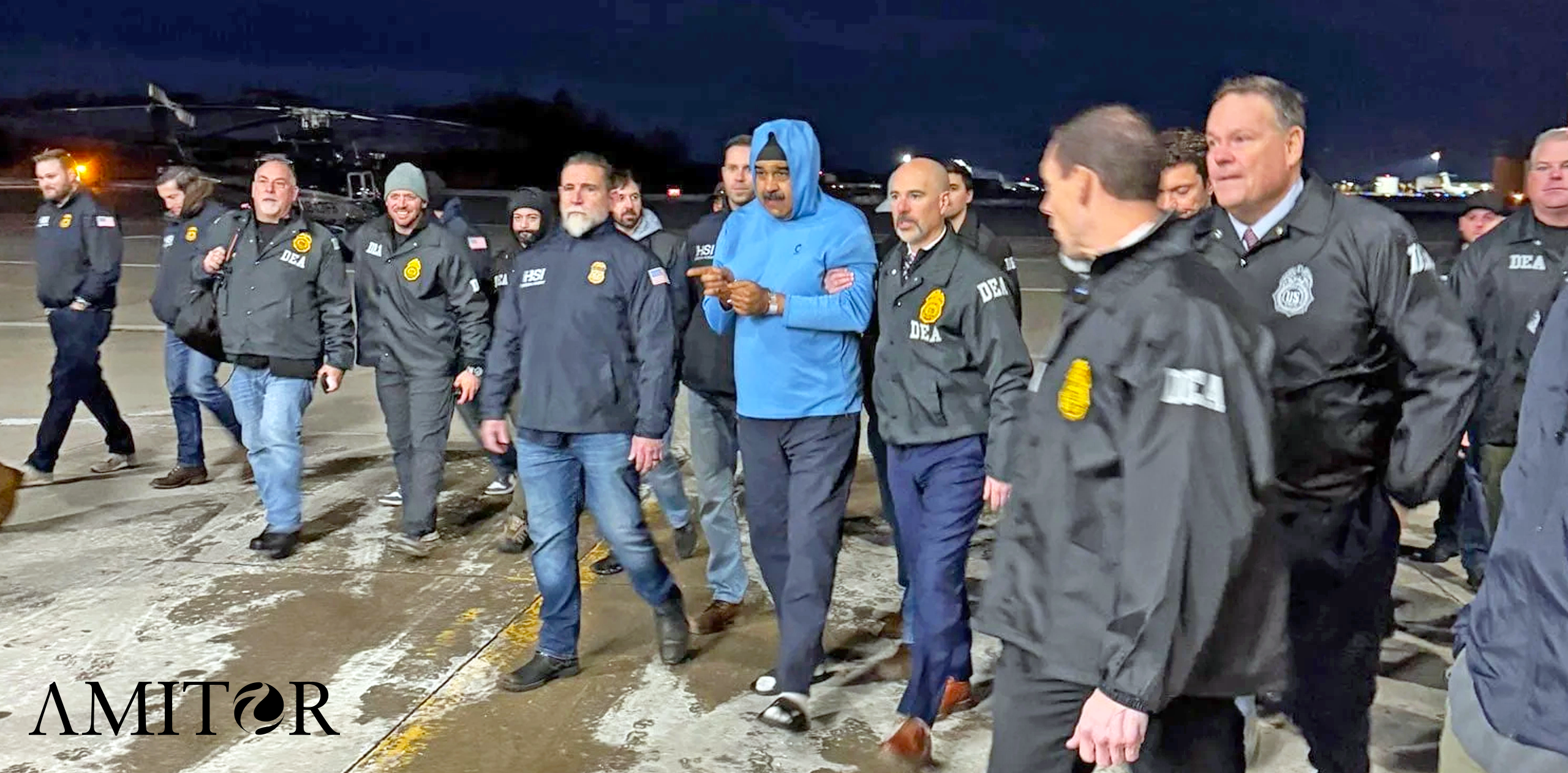 Nicolás Maduro being escorted by Drug Enforcement Administration (DEA) Administrator Terry Cole at Stewart Airport, January 3, 2026, via X.